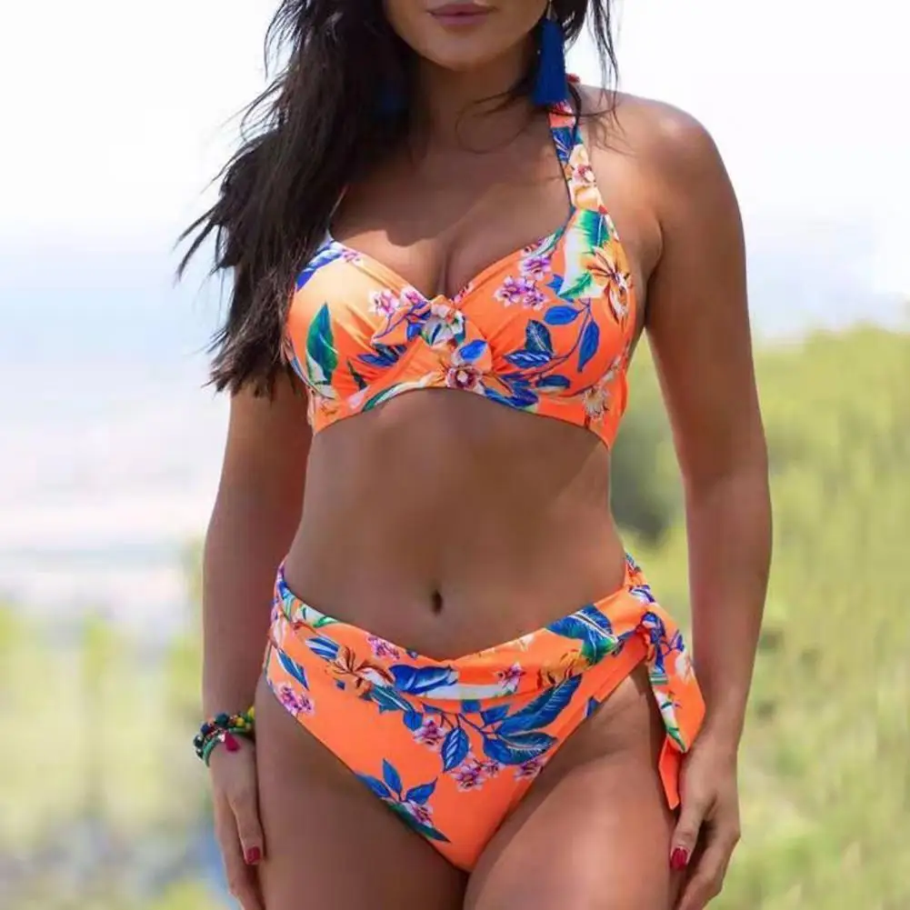 

Charming Lady Swimsuit Knot Decor Two Piece Bikini Set Halter Bra High Waist Briefs Swimsuit