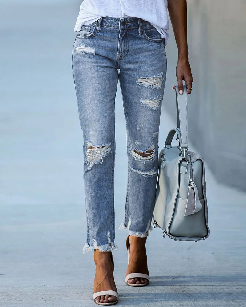 Women Summer Pants Fashion High Waist Button Design Washed Denim Blue Trousers Zipper Fly Cutout Ripped Raw Hem Skinny Jeans