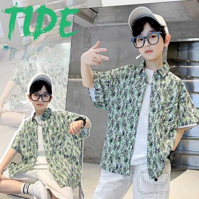 

2023 Kids Boys Summer New Fashion Printing Short Sleeves Tops Shirts Children's Clothing Casual Loose Floral Thin Blouses A15