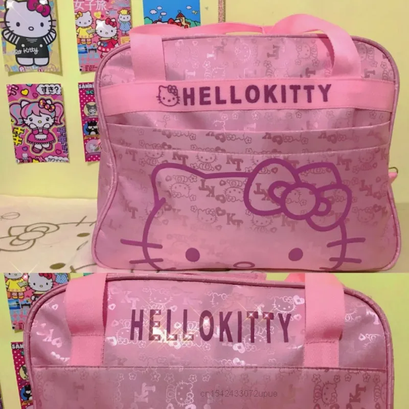Hello-Kitty Travel Bag Pink Messenger Luggage Bag Cartoon Portable Shoulder Bag Large Capacity Canvas Bag Luxury Design Handbag