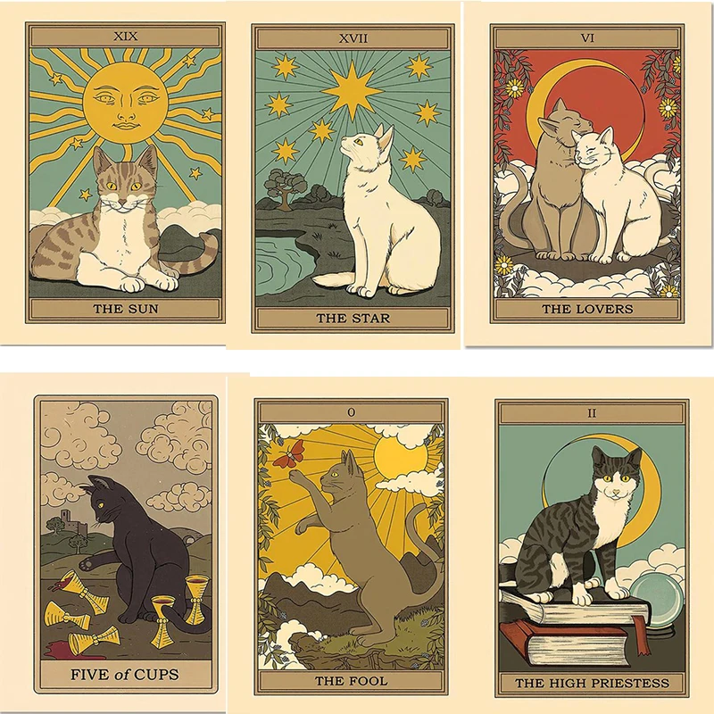 

Настенная картина с абстрактным изображением влюбленных Таро в скандинавском стиле, Картина на холсте, солнце, звезда, имперская кошка, пла...