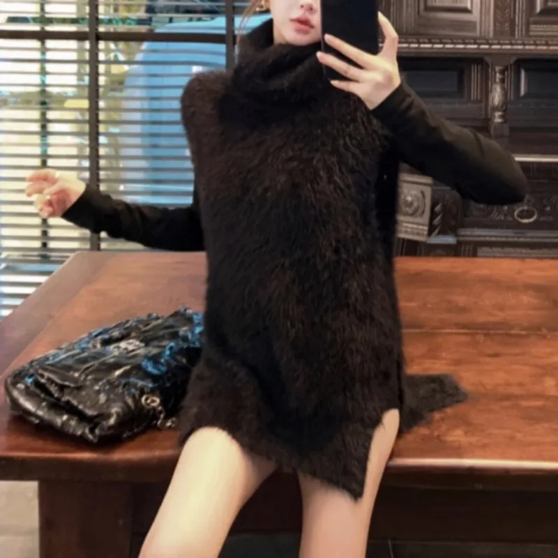 Норковый кашемировый свободный свитер без рукавов с высоким воротником женский