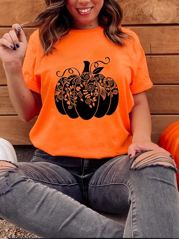 

Happy Halloween Clothing Fashion T-shirt Fall Autumn Flower Sweet 90s Style Women Graphic T Shirt Print Tee Female Top Clothes