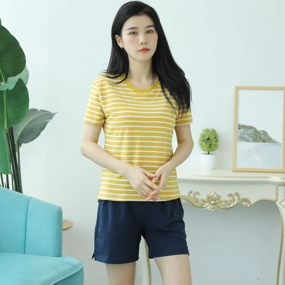 

Комплект из двух предметов Fdfklak из чистого хлопка, летняя популярная Пижама, Женская Полосатая Пижама с коротким рукавом и нагрудной подушкой, мягкая Пижама