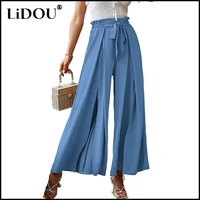 female 2022 spring street style harajuku bow lace up high waist folds wide leg pants women y2k casual loose full length trousers