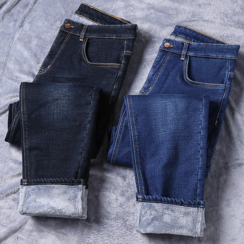 Winter Men's Fleece Black Blue Jeans 2020 New Business Casual Warm Thicken Slim Fit Stretch Denim Trousers Male Brand Pants