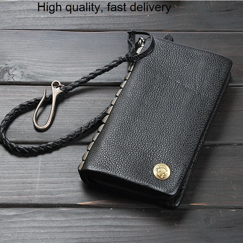 

Fashion rivet Retro Chain Genuine Leather wallet leather men's wallet long style male purse zip around money clips zip money bag