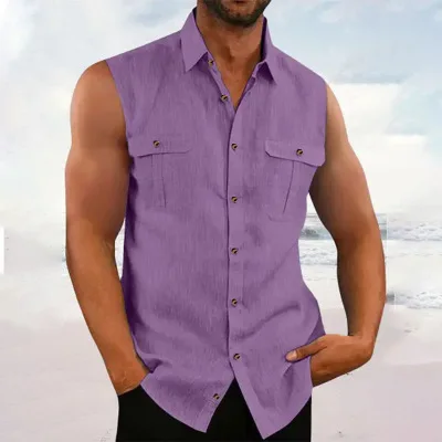 

Men's Casual Solid Color Sleeveless Shirt Button Down Shirt Beach Short Sleeve Summer Loose Fashion Male Clothing