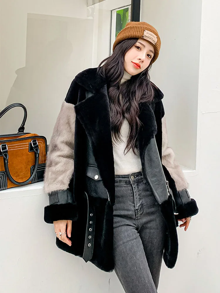 2023 Women Genuine Fur Coat Natural Wool & Mink Fur Patchwork Overcoat Female Ladies High Street Jacket Winter Clothes Oversized