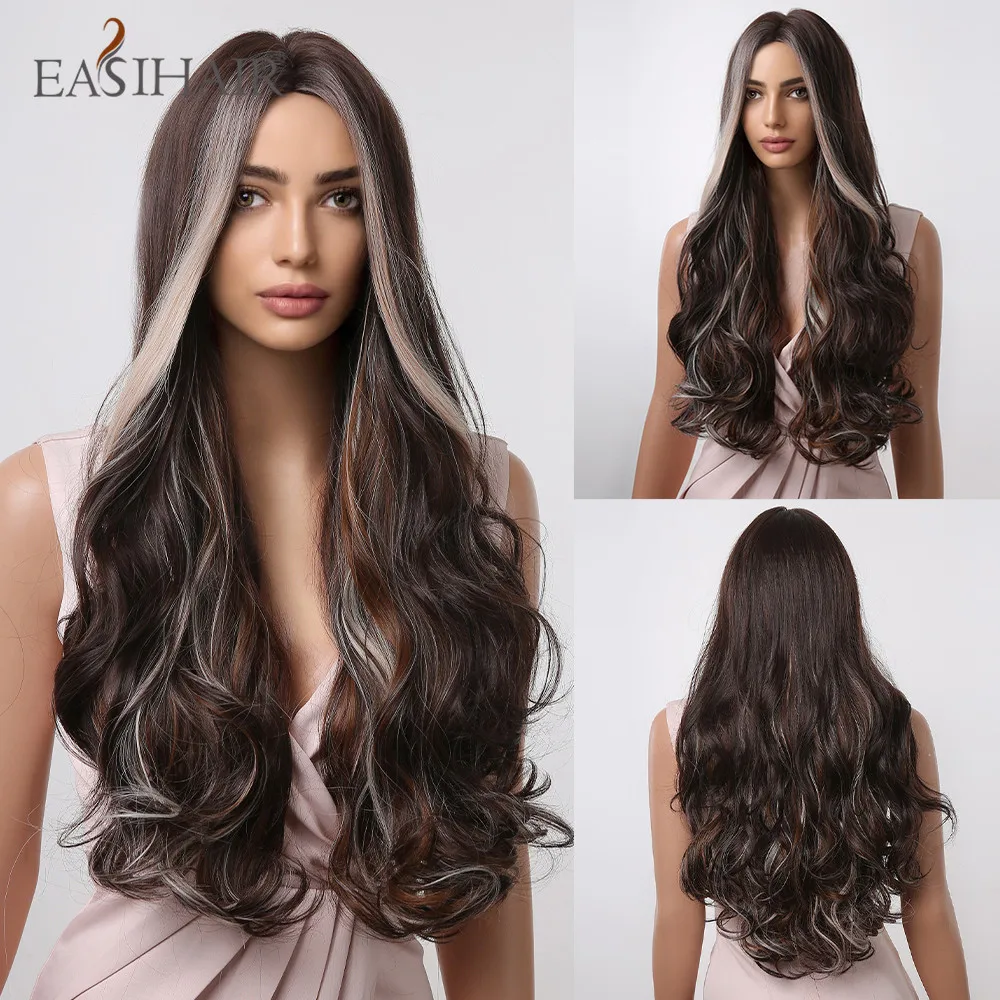 

Длинные волнистые синтетические парики, коричневые светлые парики для косплея средней части, парик для чернокожих женщин из термостойкого ...