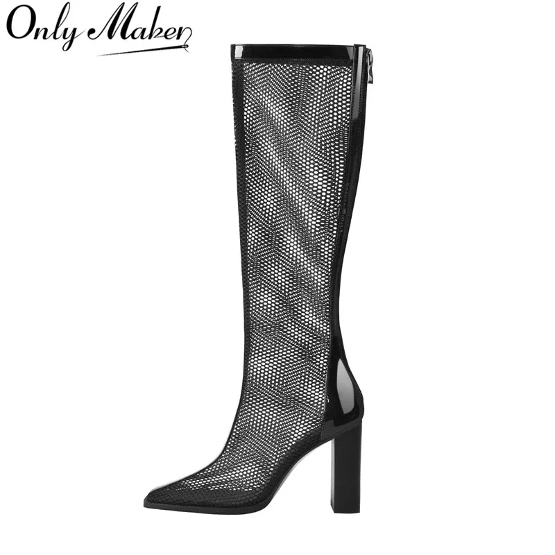 

Onlymaker Women's Pointed Toe Knee High Boots Black Hemp Mesh Hollow Square High Heels Zipper Concise Large Size Boots