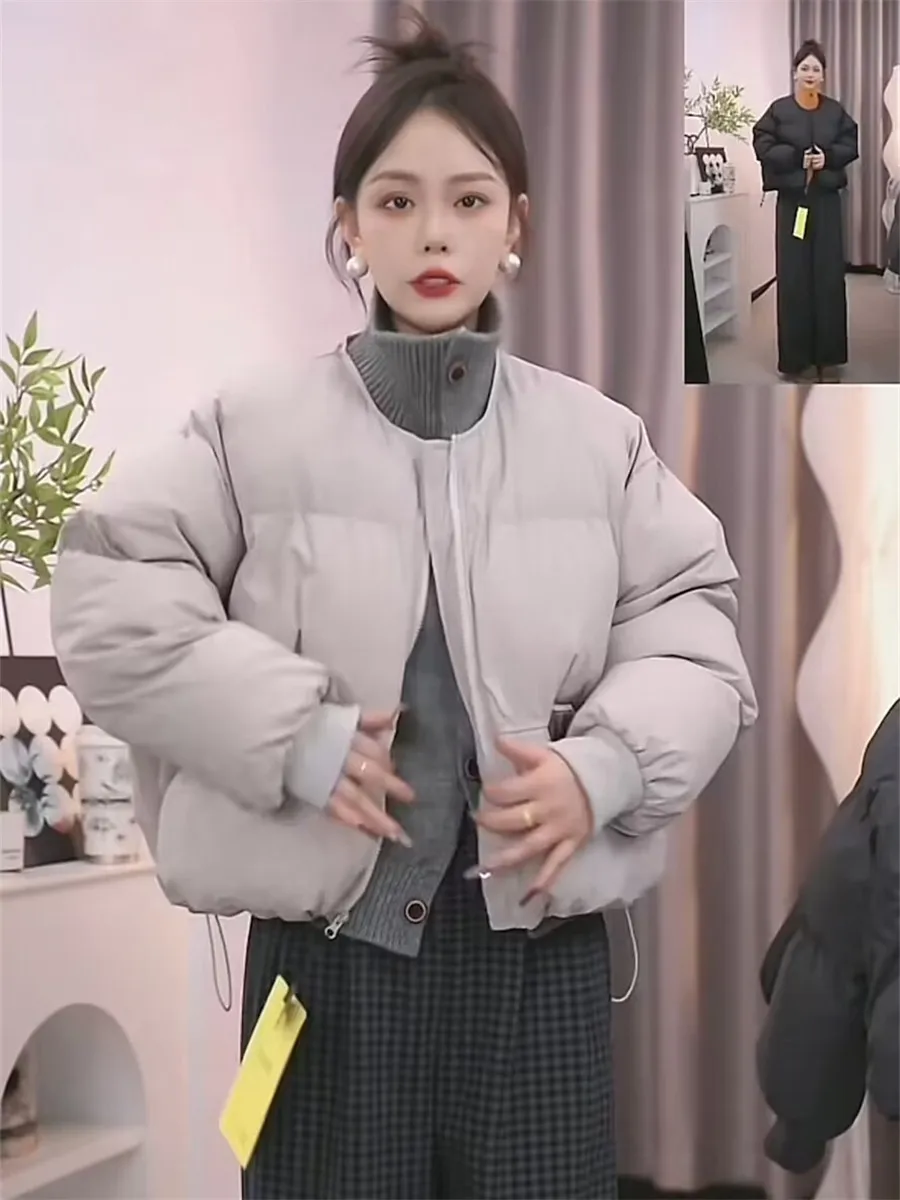 Короткая утолщенная хлопковая стеганая куртка с круглым вырезом для женщин зима