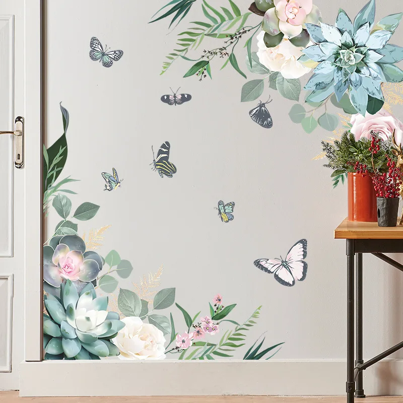 

Green Leaves Butterfly Wall Stickers Flowers Poster Plant Living Room Decor Decorative Vinyls Removable Home Decal