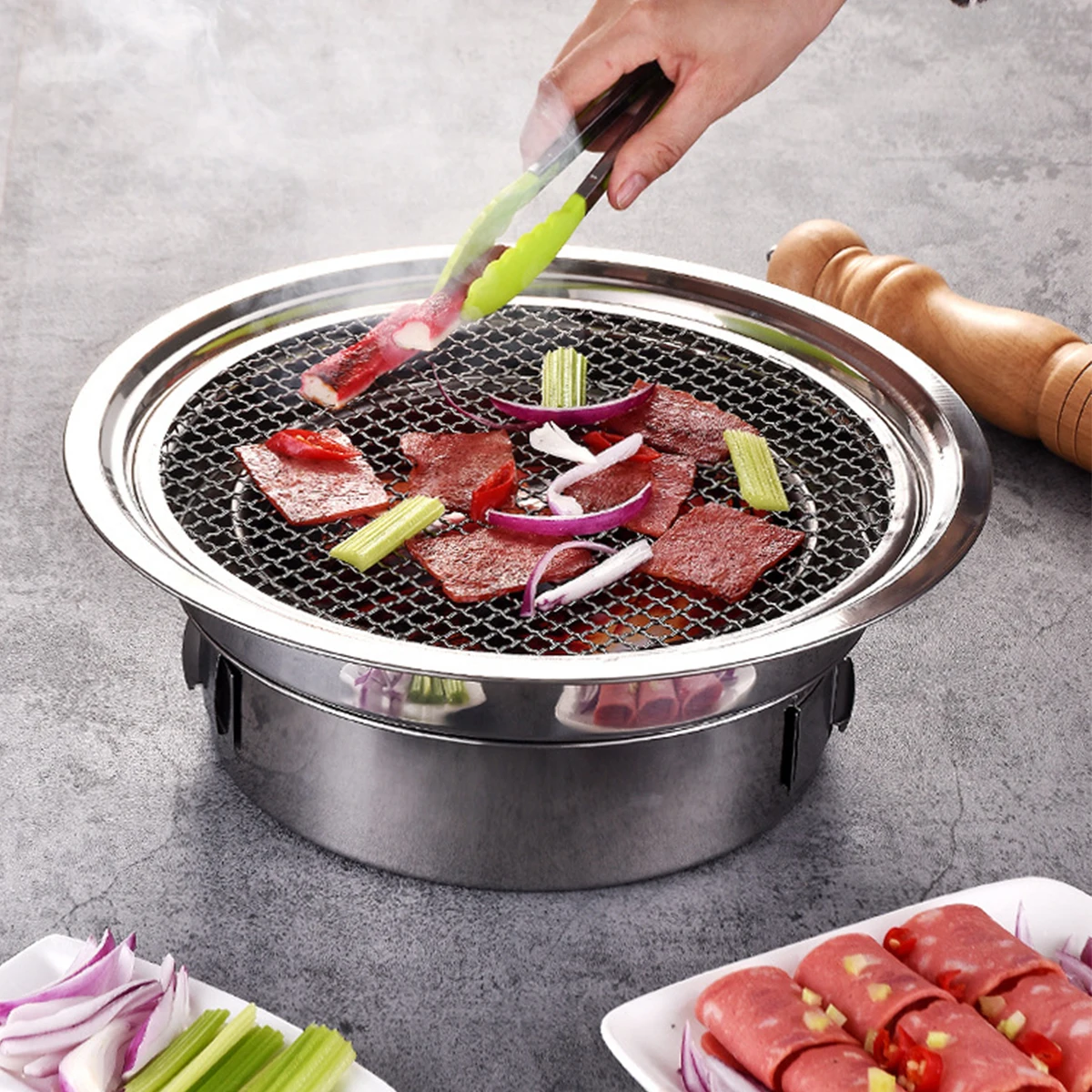 

BBQ Charcoal Grill Korean BBQ Grill Non-stick Stainless Steel Charcoal Stove Portable Camping Grill Stove Multi-function Round
