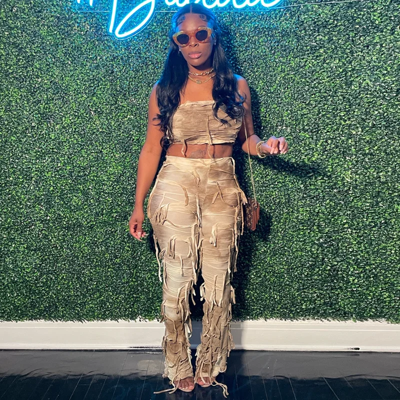 

Mesh Tie Dye Tassel Ghillie Suit Two Piece Set Women Sleeveless Backless Crop Vest High Waist Pencil Pants Y2k Streetwear