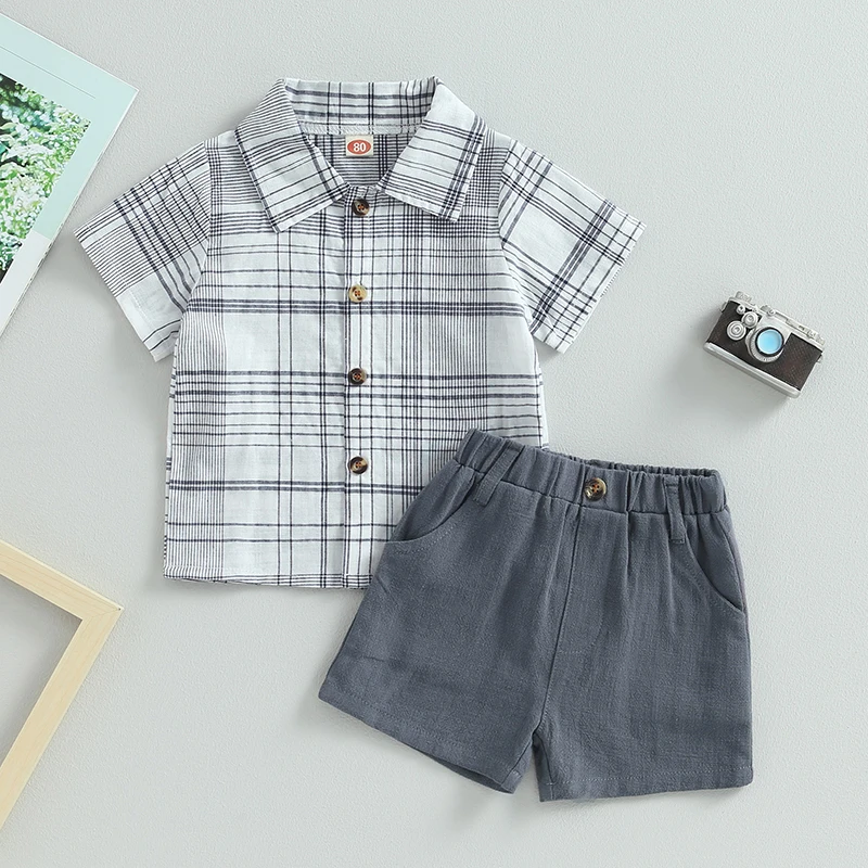 

2023-06-01 Lioraitiin 0-4Years Toddler Boys 2Pcs Beach Outfits Short Sleeve Plaid Print Button Down Shirt Shorts Set