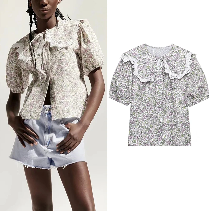 

2022 Summer Women Fashion Flower Print Shirt Pastoral Style Short Sleeve Single-breasted O Neck Female Short Shirt FH2730