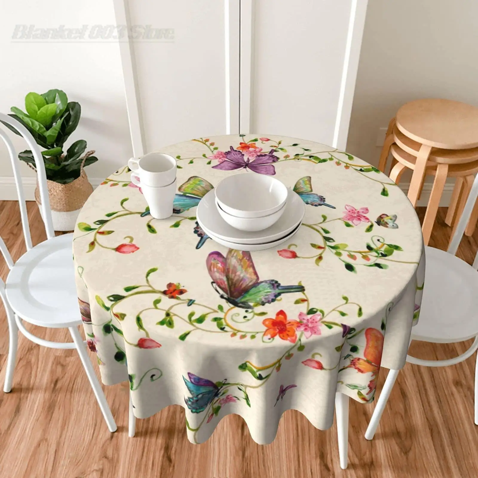 

Vintage Butterflies Round Tablecloth Thicken Desk Cloth Washable Table Cover Table Cloth for Kitchen Daily Dinning Party