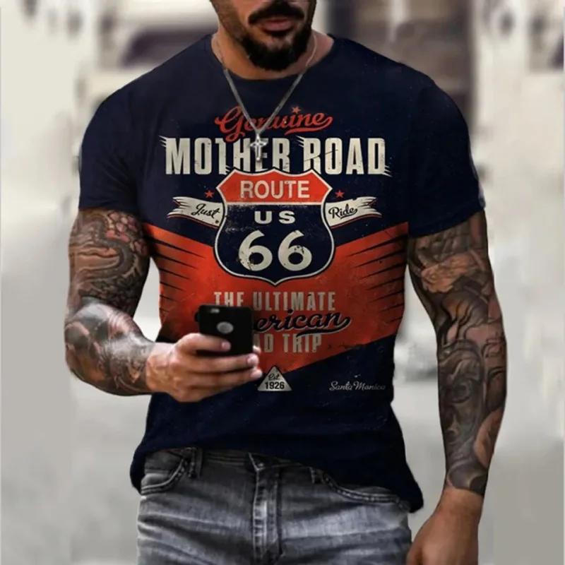 

Vintage T Shirts For Men 3d Print American Top Short Sleeve Oversized Tee Hip Hop O-neck 66 Route T-shirts Men Clothing Camiseta