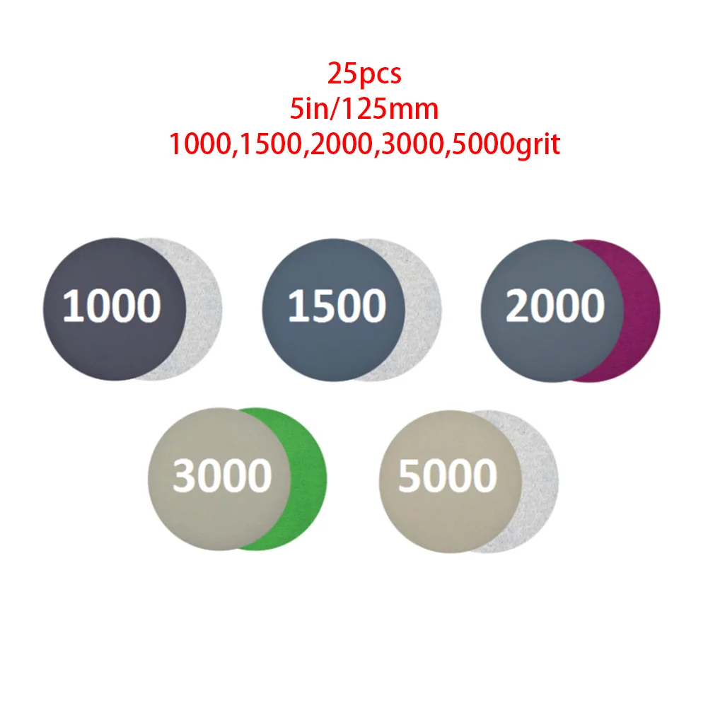 

25pcs 5inch Hook&Loop Wet/Dry 1000 1500 2000 3000 5000 Grit Sand Paper Loop Sanding Discs Waterproof Sandpaper For Woodworking