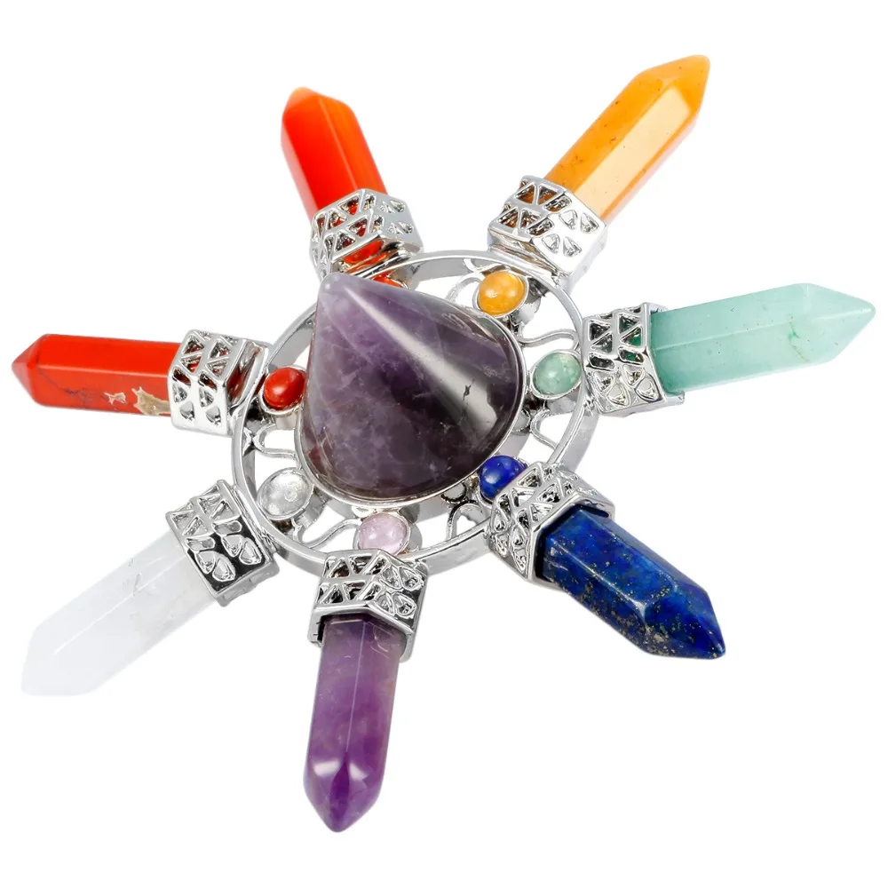 Natural Stone 7 Chakra Hexagonal Prism Ruched Energy Cone Pyramid Reiki Healing Crystal Stone Transmitter Jewelry Decoration