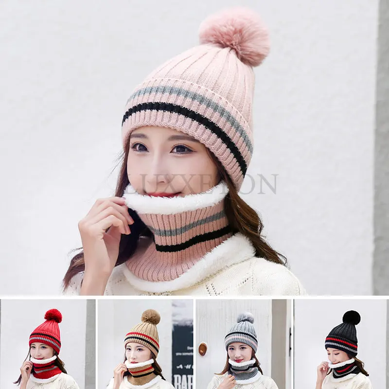 

Winter Beanies Women's Caps Mask Balaclava Hat For Girls Scarf Autumn Thicken Warm Fleece Inside Knitted Hat Scarf Set Gorras