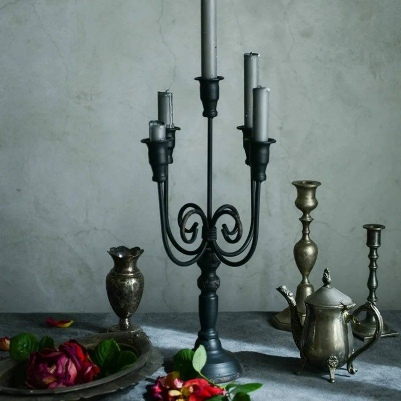 

Vintage Floral Black Candle Holder Iron Candle Stand Ornaments Metal Candlestick For Wedding Room Mantel Table Decor
