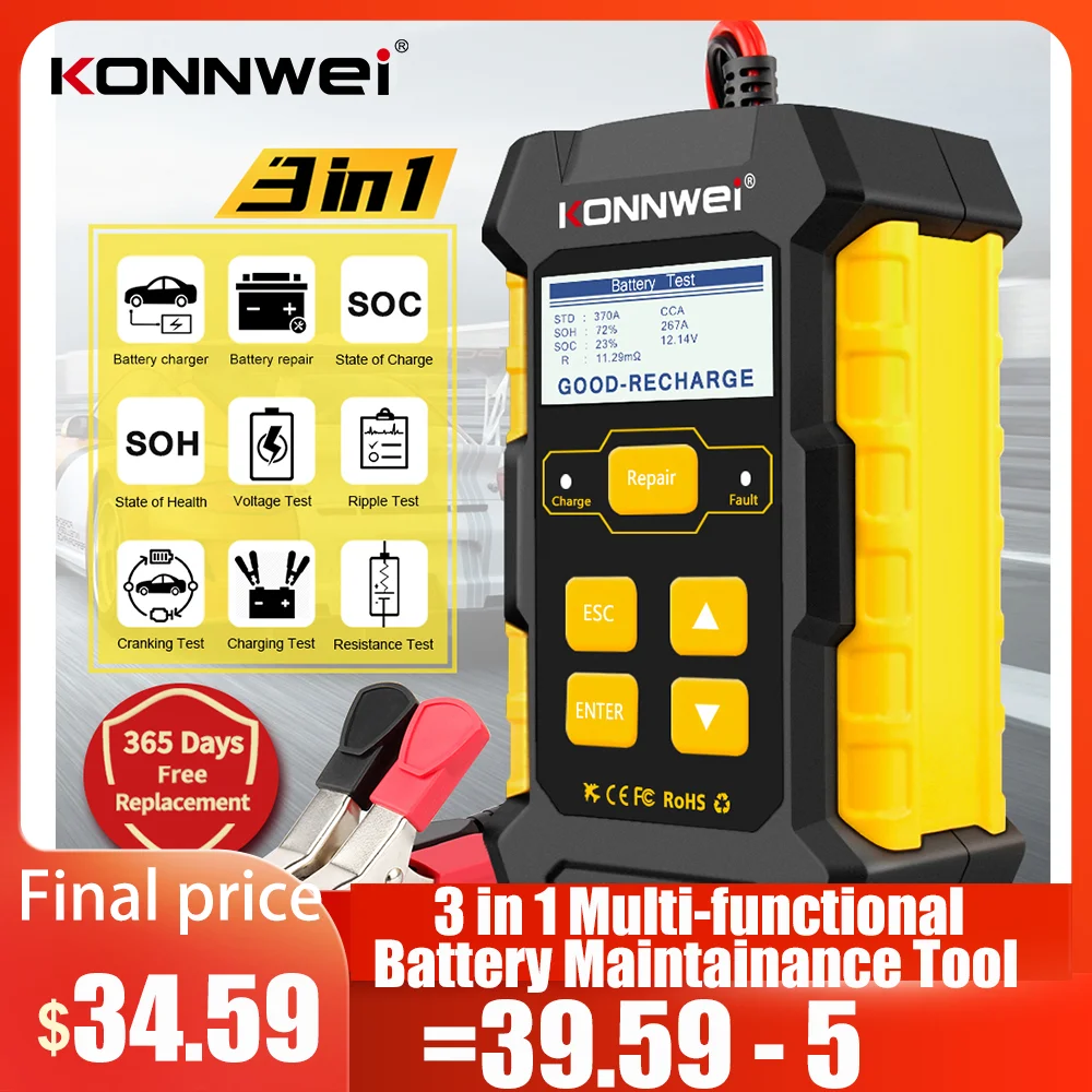 KONNWEI KW510 Full Automatic  12V Car Battery Tester Pulse Repair 5A Battery Chargers Wet Dry AGM Gel Lead Acid Car Repair Tool