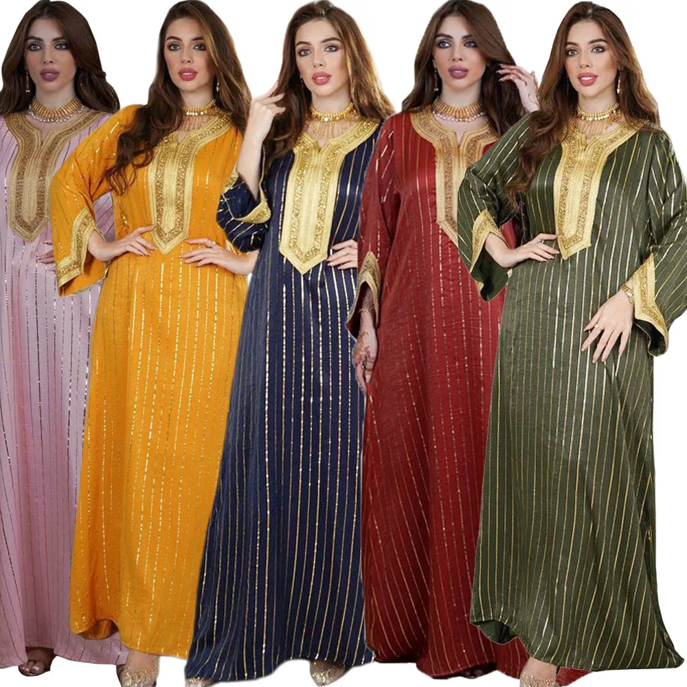 

Ramadan Muslim Abayas Women Islam Arabic Stripes Long Dress Dubai Middle East Kaftan Maxi Robe Gown Party Turkey Jilbab Moroccan