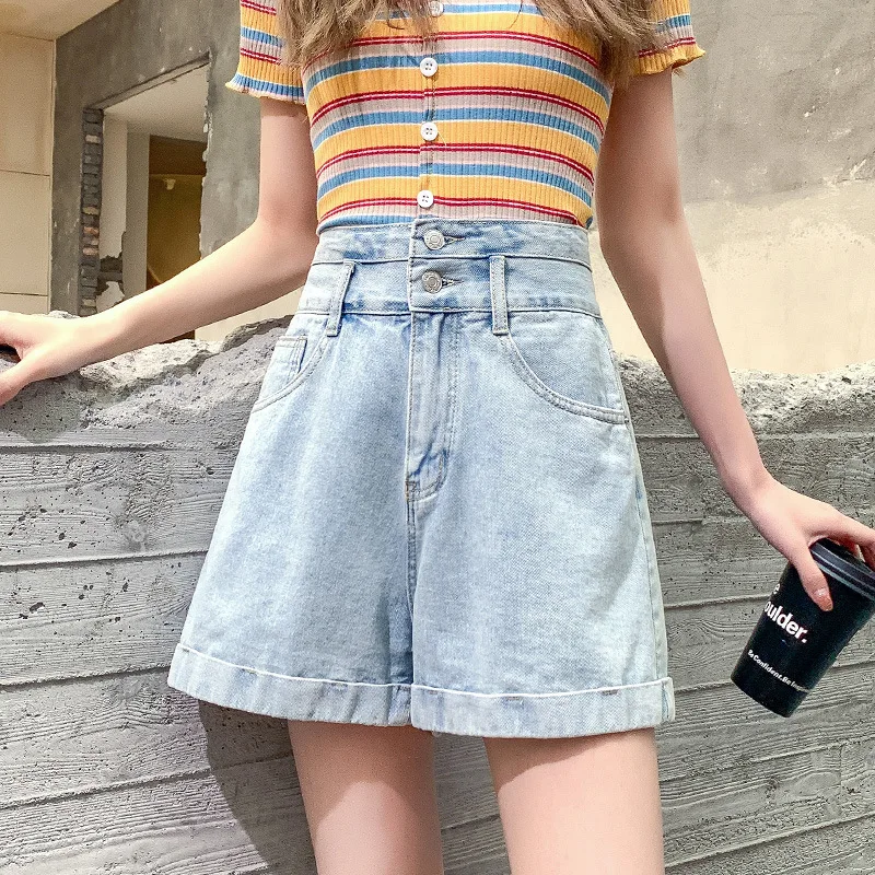 2021 Summer Woman High Waist Denim Shorts Loose A-line Wide-leg Jeans Female Solid Fashion Casual Shorts with Buttons Streetwear