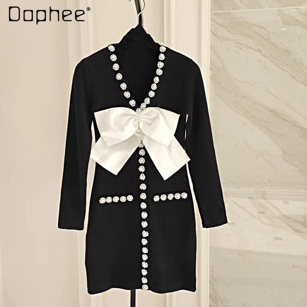 

Women's Bowknot Beaded Elegant Dress New Fashion Slimming V-Neckline Bottoming Little Black Dress Ladies Long Sleeve Dress