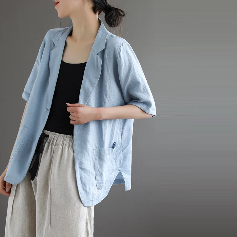 

Blazers Women Solid Color Office Lady Summer Casual Notched Outwear New Flax Loose Single Buckle Femme Jacket With Pocket