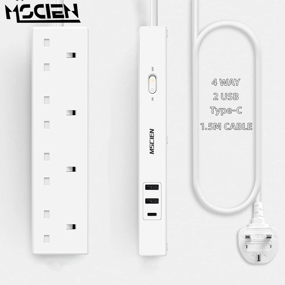 

MSCIEN USB Type-C Power Strip UK SA 1.5M Cable Charge Extension Cord Electrical Outlet White Wall Mountable Socket 3250W 10A