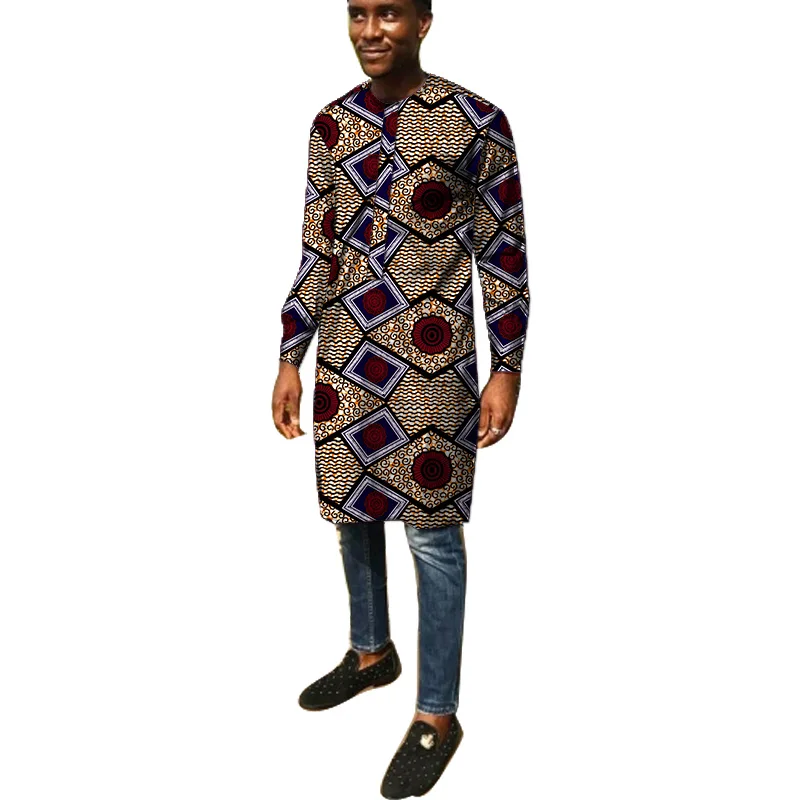 

African Colorful Long Shirt Men's O-Neck Tops Customize Male Dashiki Print Nigerian Fashion Wedding Wear