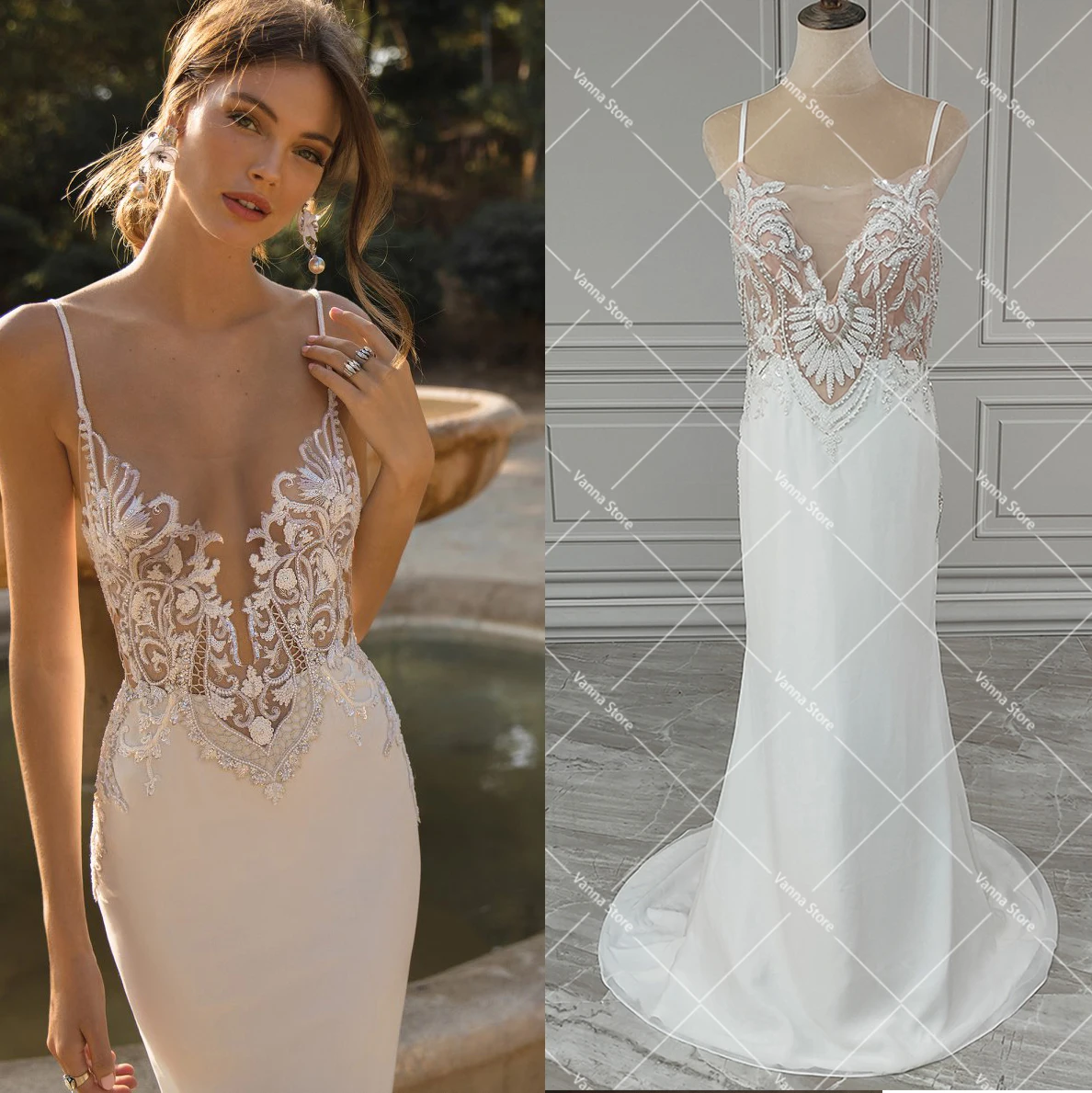 

Beading Spaghetti Straps V Neck Sheath Crepe Wedding Dress Sweep Train Custom Made Low Cut Backless Illusion Lace Bridal Gowns