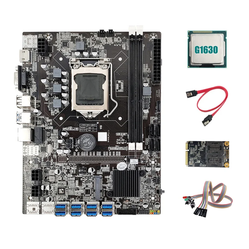 

B75 BTC Mining Motherboard 8XUSB+MSATA SSD 128G+G1630 CPU+SATA Cable+Switch Cable With Light LGA1155 Miner Motherboard