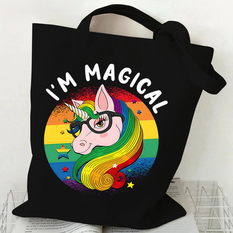 

Lgbt Cartoon Print Shopping Bags Women Hot Sale Canvas Collapsible Tote Bags I'm Magical Shopper Bags Rainbow&unicorn Handbags