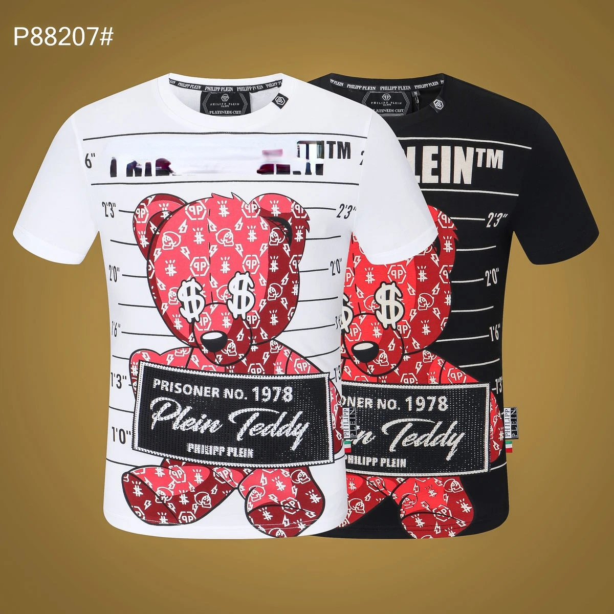 

Trendy brand PP hot drill bear letter printed short sleeve t-shirt men's summer fashion slim fit round neck half sleeve t-shirt