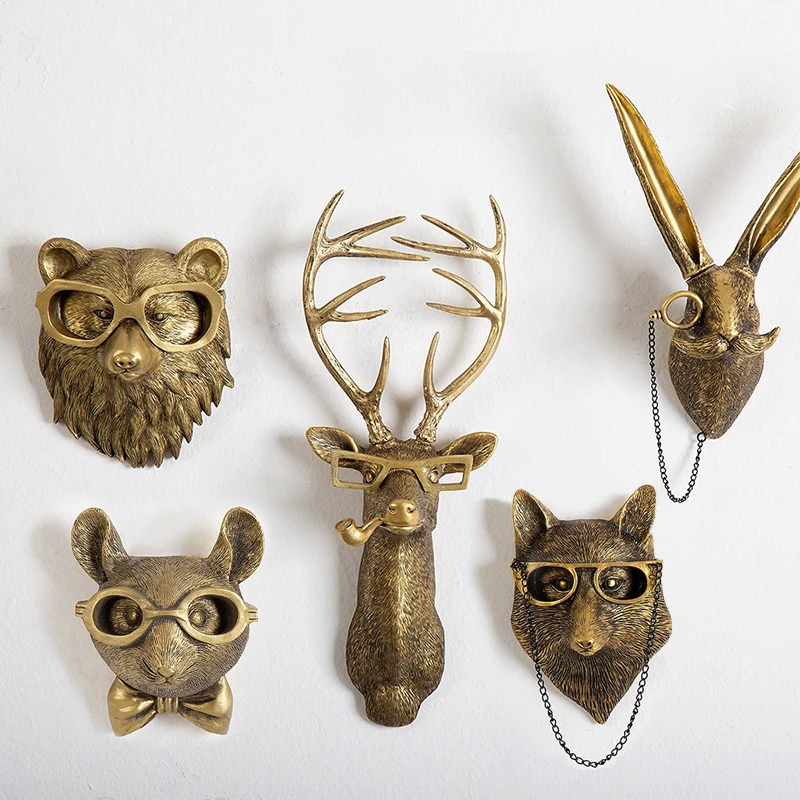 

Bronzed Resin Animal for Head Sculpture with Glasses Wall Mounted Bear Mouse Statue Figurine Hanging Pendant Home