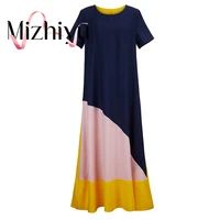 mizhiyu round neck loose patchwork gradient color dress women elegant cotton fashion pleated summer boho dress mini ladies basic