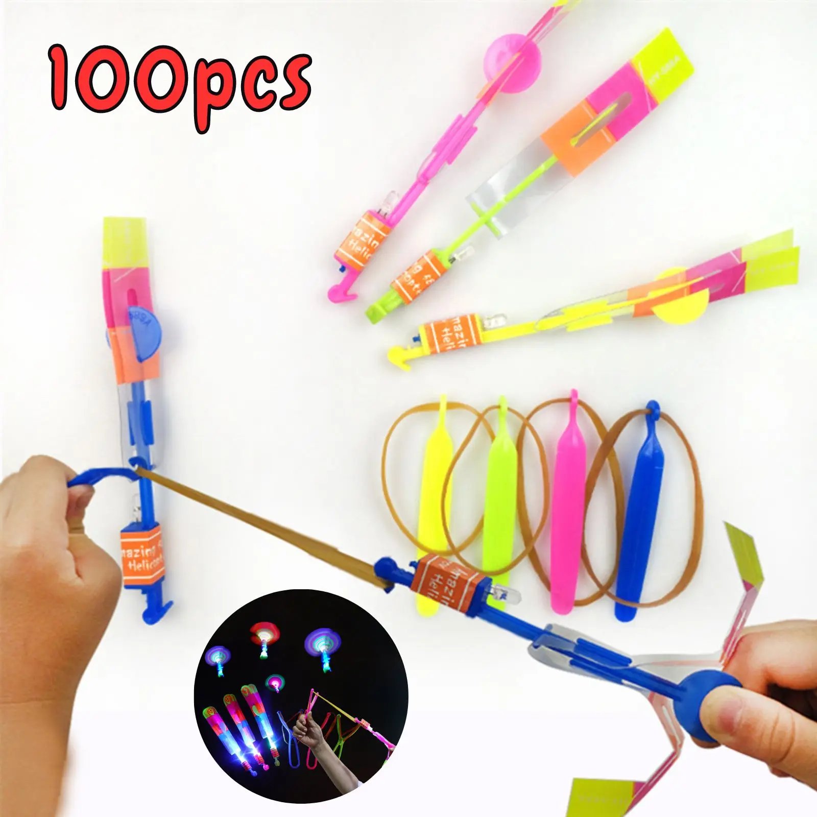

100PCS Amazing Light Toy Arrow Rocket Helicopter Flying Toy Led Light Toys Party Fun Gift Rubber Band Catapult Gift For Boy Girl