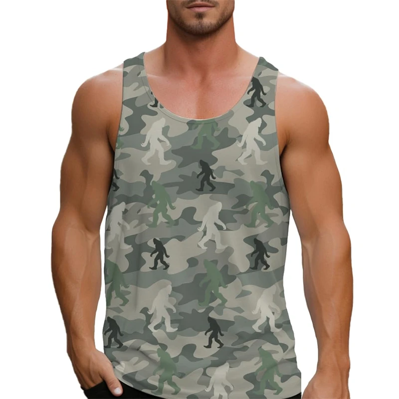 Camouflage Bigfoot Men's Sleeveless T-Shirt Vest Clothes Sasquatch Pattern Print Outdoor Casual Man Gym Tee Pullover Sportwear