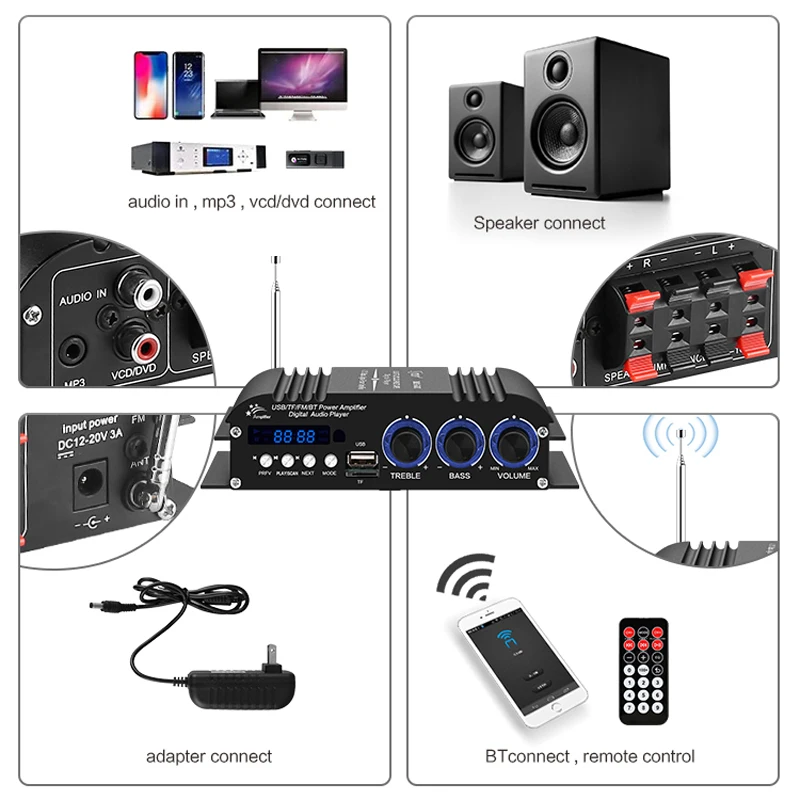 KINTER MA-500 Цифровой усилитель Bluetooth 5 0 15 Вт x 4 канала мощность 12V3A плата