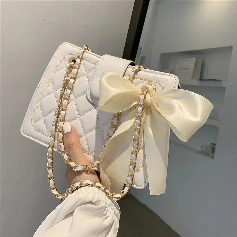 

2023 Rhombus Chain Shoulder Underarm Bag Trendy Bow Ribbons Solid Color Pu Leather Crossbody Square Bags for Women