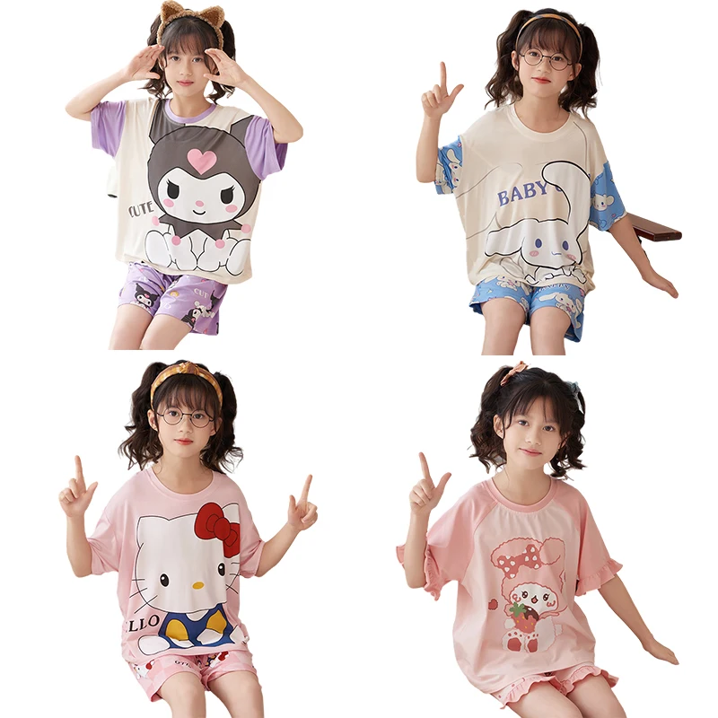 

Kawaii Sanrios Summer Girl Modal Hellokittys Shorts Short Sleeve Homewear Cartoon Thin Section My Melody Children's Pajamas Gift