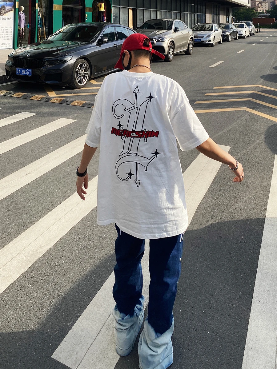 Four Seasons Men's Jeans Gradient Trend Loose Straight Casual Pants Split Trousers Fashion Street Men Ins Hot Sale Men Clothing