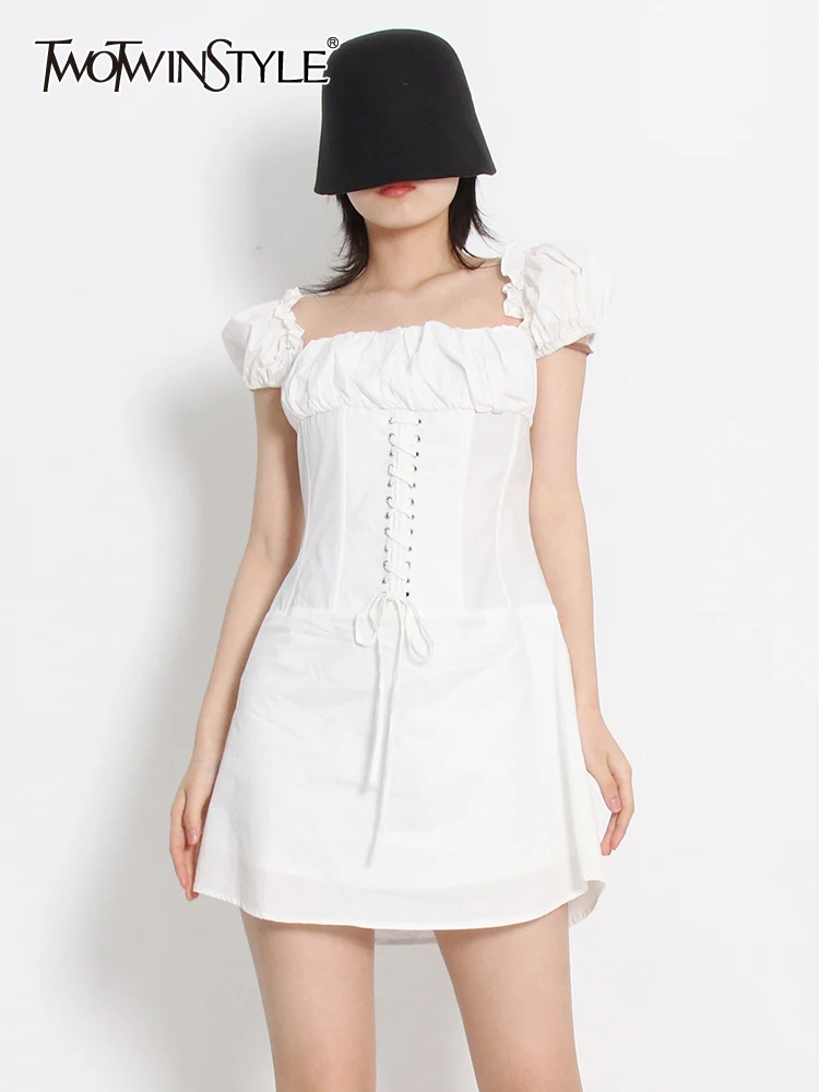 

TWOTWINSTYLE Sexy Slim Dress For Women Square Collar Short Sleeve High Waist Bandage Solid Mini Dresses Female Clothing 2022 New
