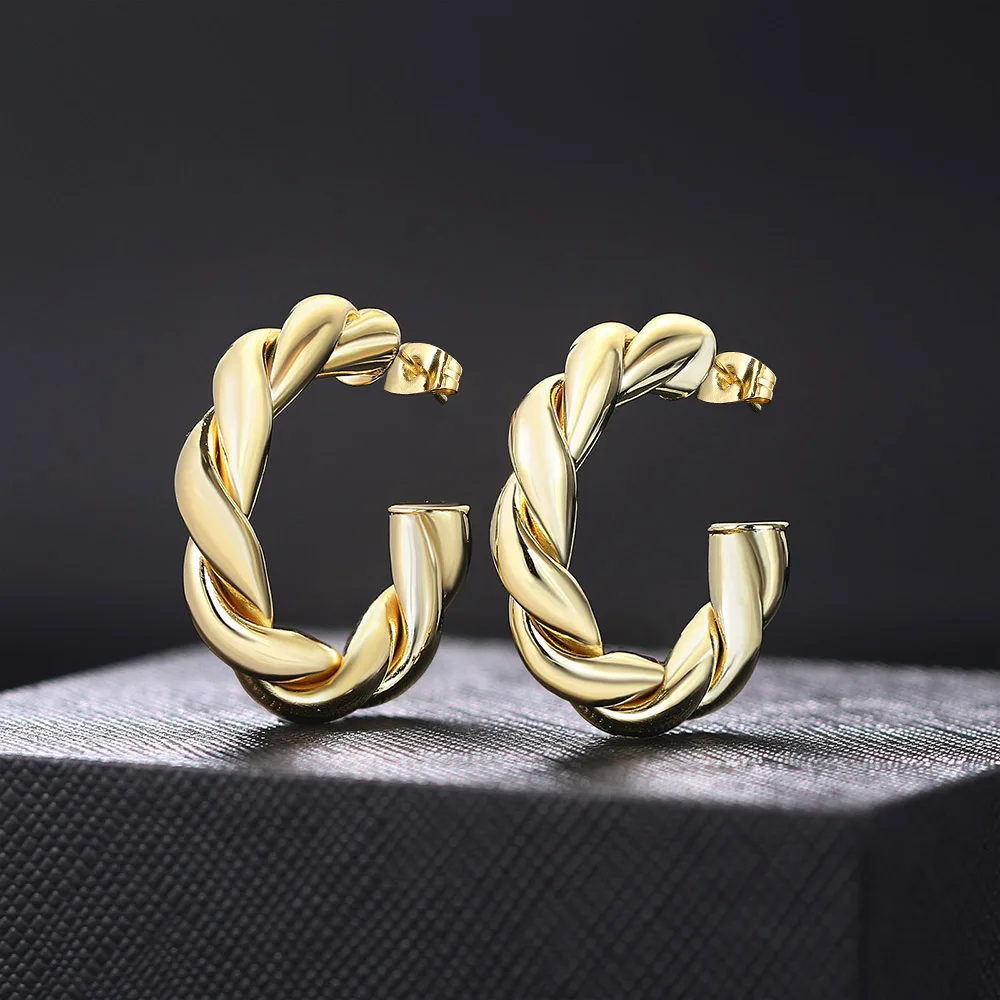 

Gold Color Twisted Hoop Earrings for Women C Shaped Big Earings Punk Accessories Minimalist Fashion Trendy Thick Jewelry