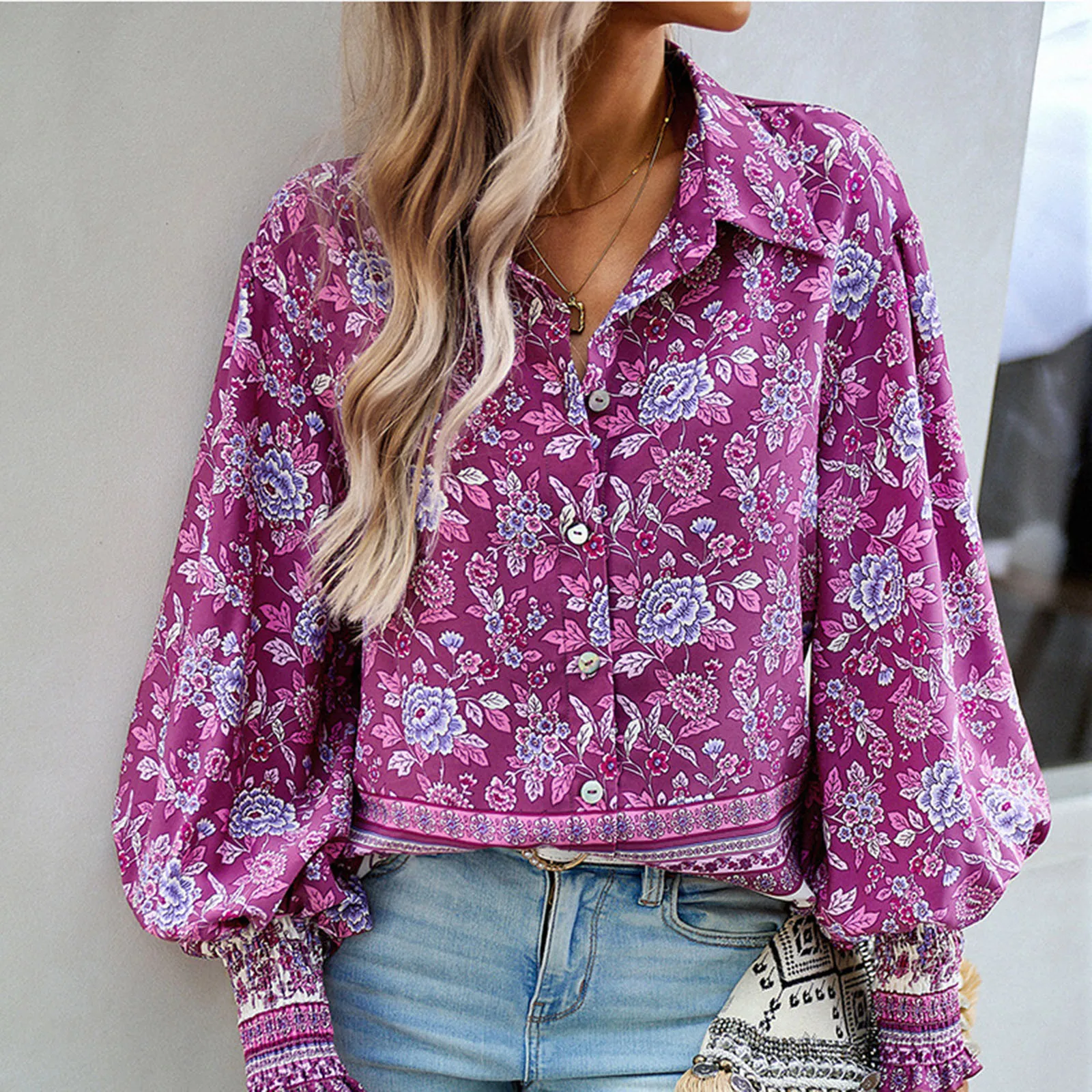 

Women Lantern Sleeve Floral Print Blouse Long Bioshop Sleeve Loose Shirt Ethnic Vintage Casual Elegant Tops And Blouses Blusas