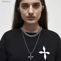 retro personality cross compass pendant necklace simple creative design silver bead chain men and women hip hop rock long chain